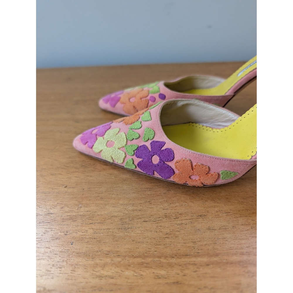 Vintage Y2K Manolo Blahnik Pastel Floral Suede Pointed Toe Mules - Picture 9 of 16